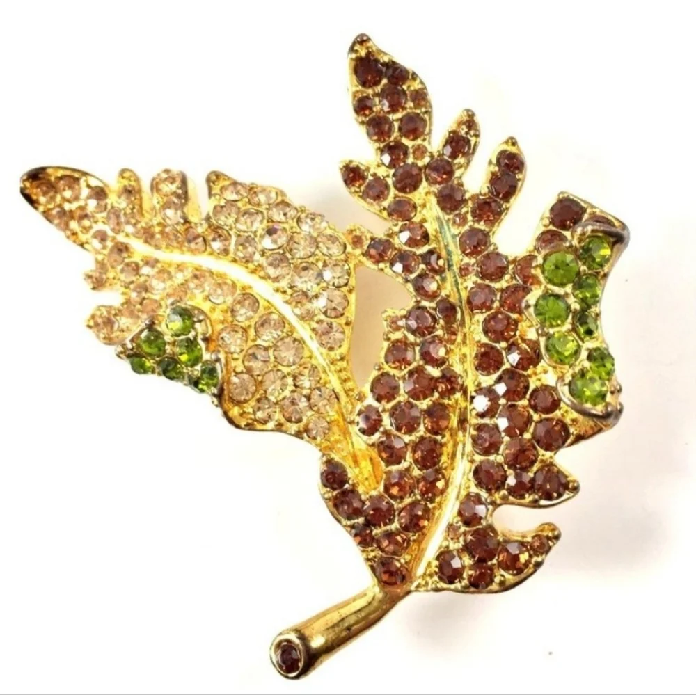 KJL Kenneth Jay Lane Vintage Jeweled Leaf Brooch Gold Tone Rhinestone Statement